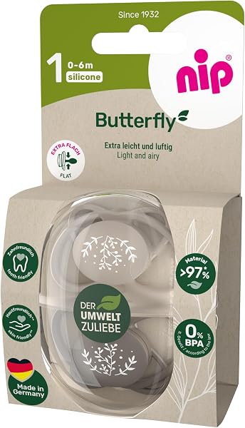 nip - Butterfly | 0-6 Monate | 2er Pack | Stillfreundlicher, zahnfreundlicher Babyschnuller inkl. Schnullerbox. Nachhaltiger Schnuller mit weichem Silikonsauger, Braun/Beige - 2