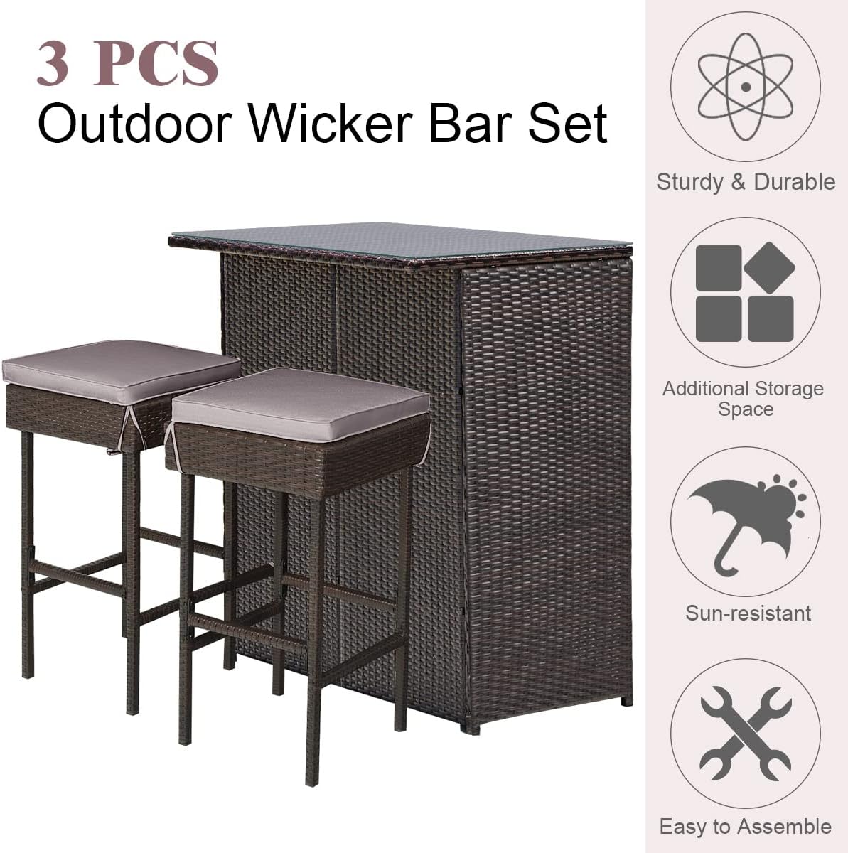 COSTWAY 3PCS Patio Wicker Bar Table Set, Outdoor Rattan Table with Tempered Glass Top and Storage Shelf, 2 Bar Stools with Cushion for Poolside Backyard Deck (Grey & White)