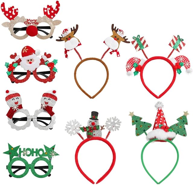 TOYANDONA Christmas Headbands and Christmas Eyeglasses Set for Kids Party Favors, Christmas Party Decorations Eyewears and Hair Hoops for Party Photo Booth(4pcs Headbands + 4pcs Eyeglasses)