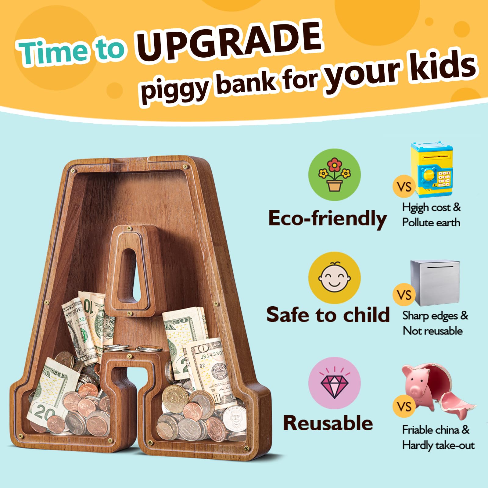 Summidate Salvadanaio con lettera in legno per bambini e bambine, Banca dei soldi personalizzata A-Z | Regalo di compleanno con banca di monete