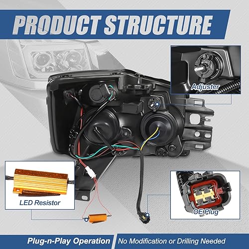 Miniatura 10 de Proyector LED 3D DRL para faros delanteros compatibles con Nissan Titan Armada 04-15, lado del conductor y del pasajero, carcasa negra con esquina