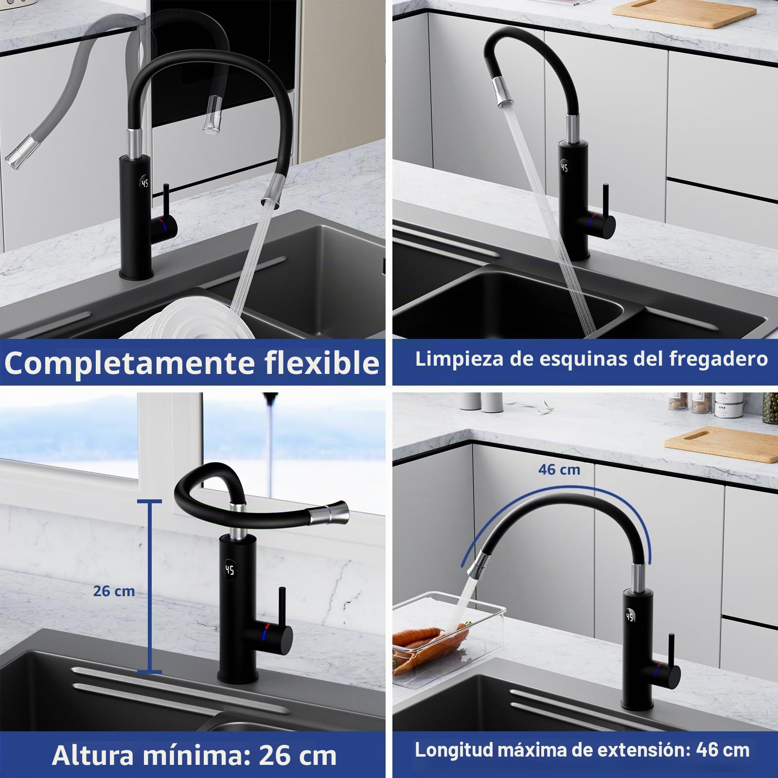 3200W Grifo Eléctrico con Calentador de Agua Instantáneo, Grifo de Cocina Eléctrico con Pantalla Digital LED y Manguera Flexible, 360° Rotación Grifo Agua Caliente Instantanea, Negro