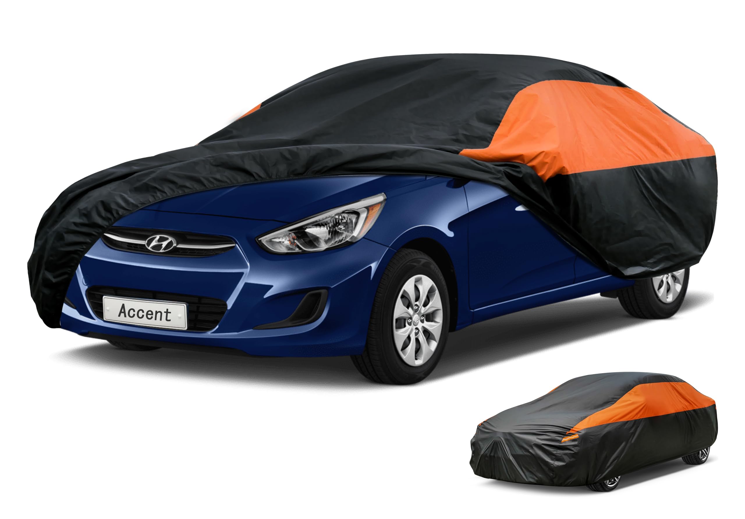 GUNHYI Waterproof Sedan Full Car Cover Custom Fit Hyundai Accent | All‑weather Outdoor sun/rain/dust/snow/wind/UV protection, breathable lightweight fabric, black‑orange design,storage bag