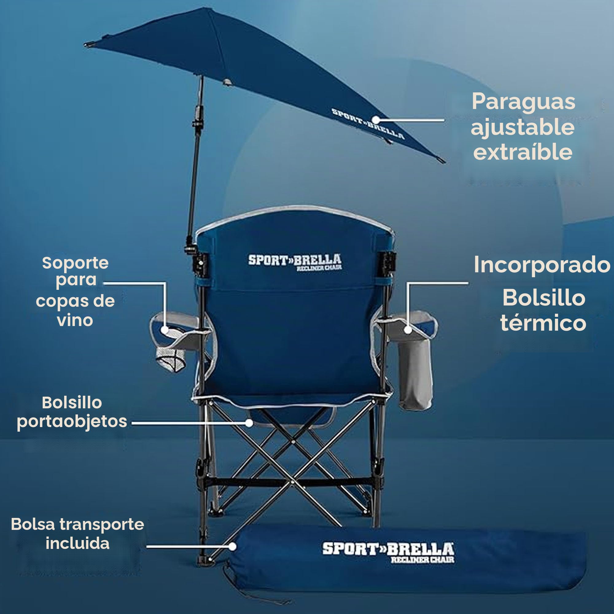 Sport-Brella Silla de Playa con Compartimento térmico, Plegable y Ligera de 76cm, Ideal para Camping, Festivales y relajación Junto al Agua - Protección UV, fácil de Transportar - Azul Medianoche