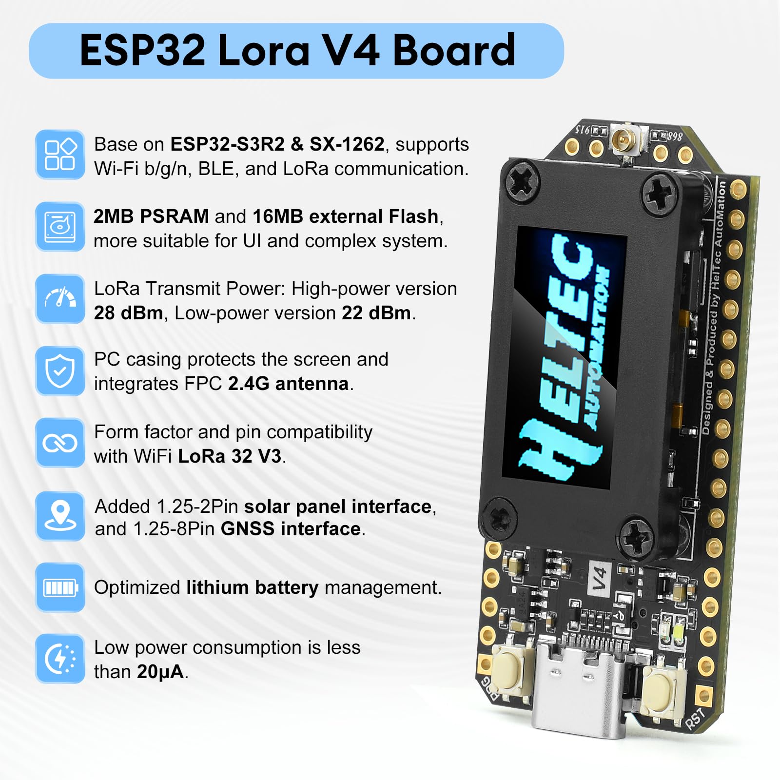 diymore 2PCS Placa de Desarrollo ESP32 Lora V4 con módulo GPS, Arquitectura ESP32 S3 Lora Mejorada, Flash de 16 MB, Antenas de 863-928 MHz, Compatible con GPS y energía Solar para Arduino