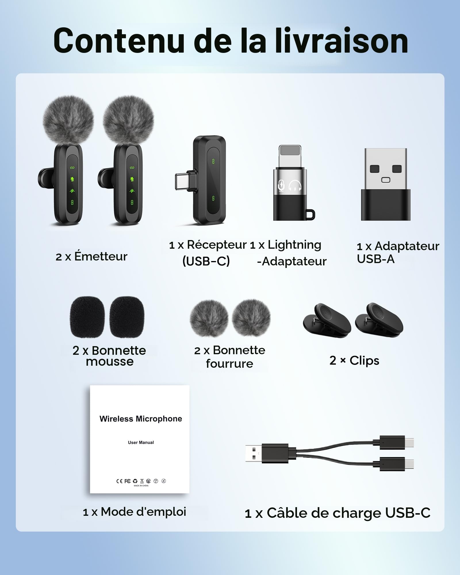 Lot de 2 mini micros cravate sans fil pour iPhone, iPad et Android, avec écran LED, réduction du bruit, microphone à clipser Plug-and-Play pour enregistrement vidéo, TikTok, YouTube et