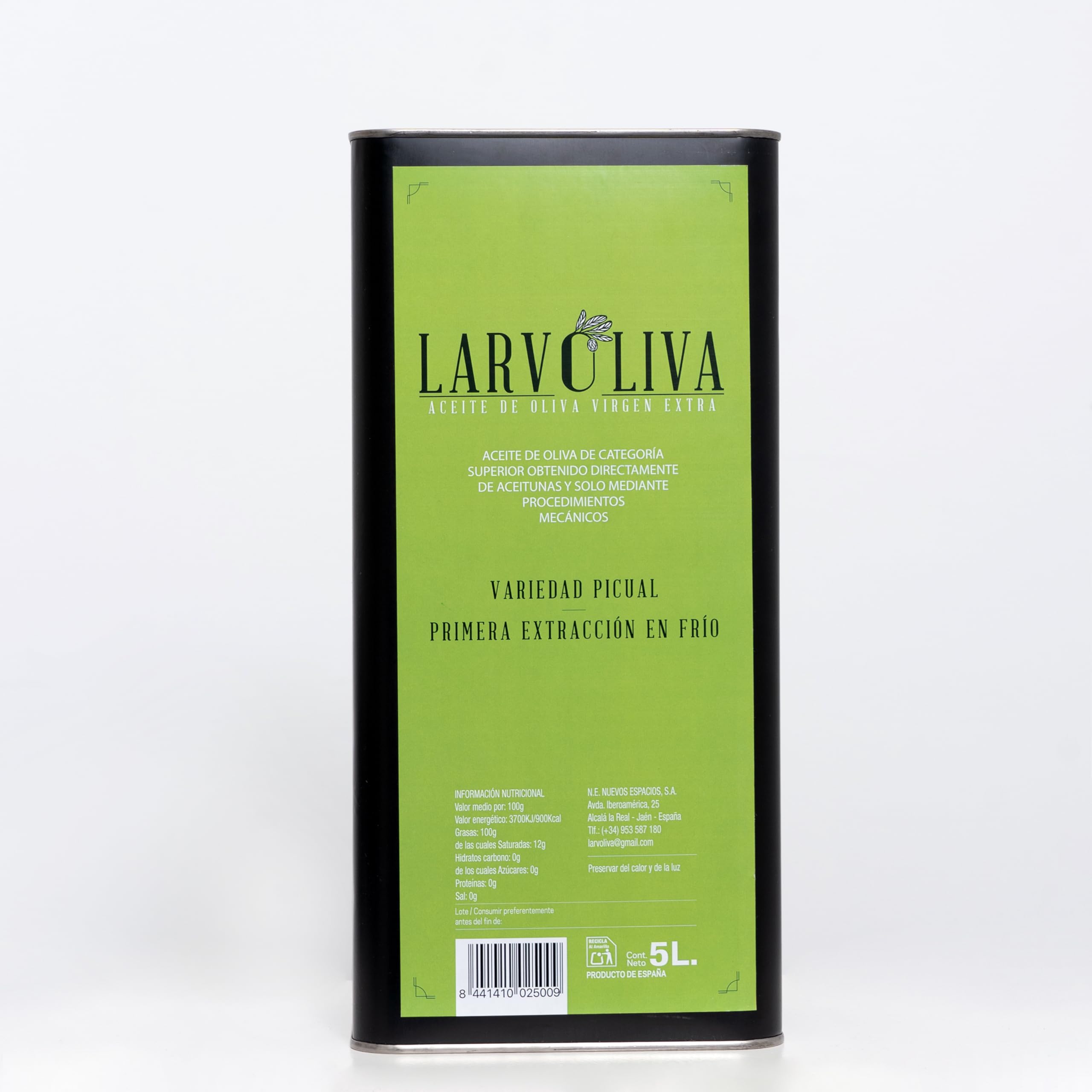 Larvoliva Aceite de Oliva Virgen Extra, Variedad Picual, Primera Extracción en Frío, Origen Jaén, Lata 5 Litros