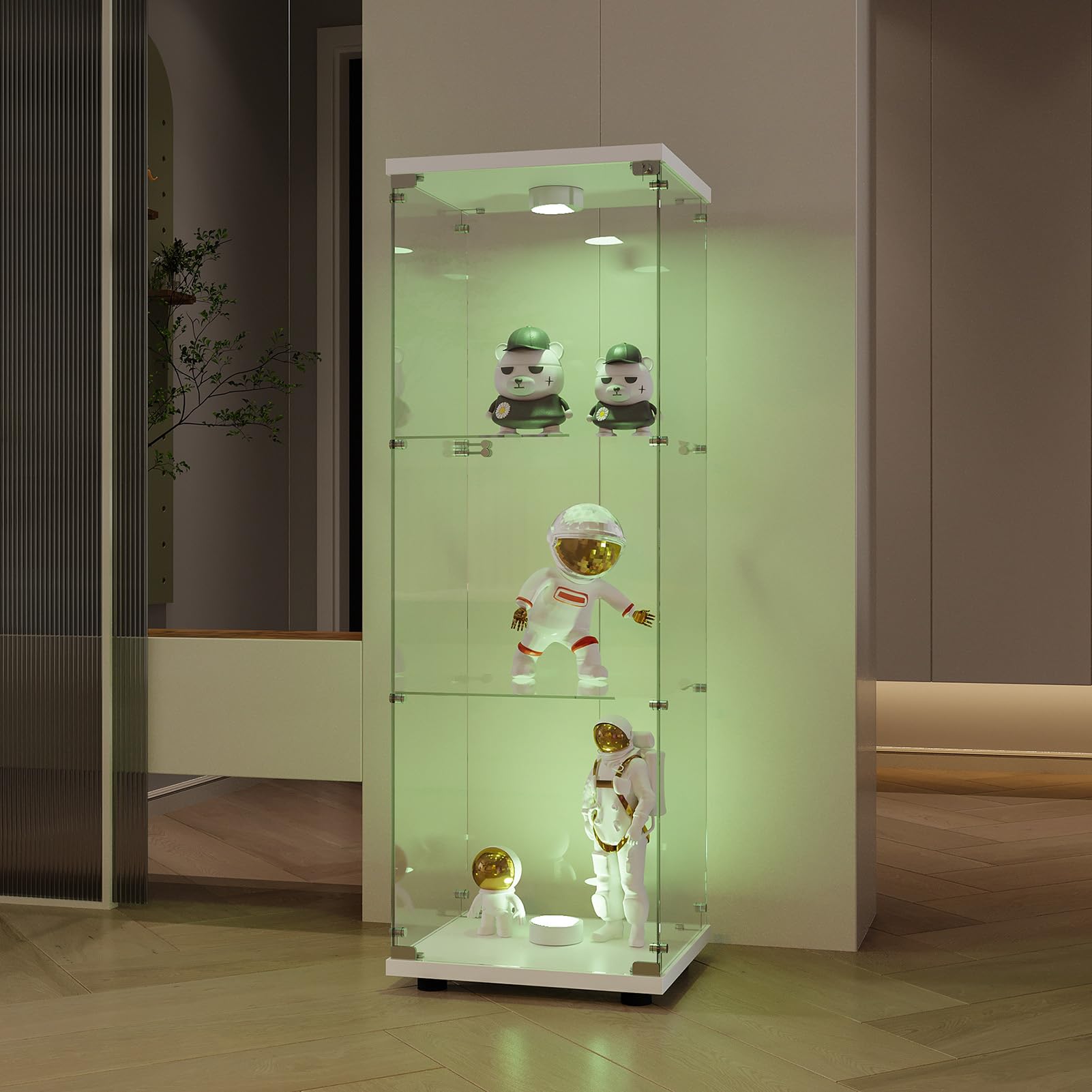 BRILVERDE - Vetrinetta in vetro a piantana con 3 livelli, vetrina in vetro temperato, vetrinetta trasparente con illuminazione a LED, vetrina antipolvere con serratura per soggiorno, camera da letto e