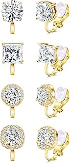 Cubic Zirconia Clip on Earrings - Women Hypoallergenic Comfortable Non Pierced Stud Earrings for Wedding and Dance Competitions, Clip-on Earrings Silver Gold