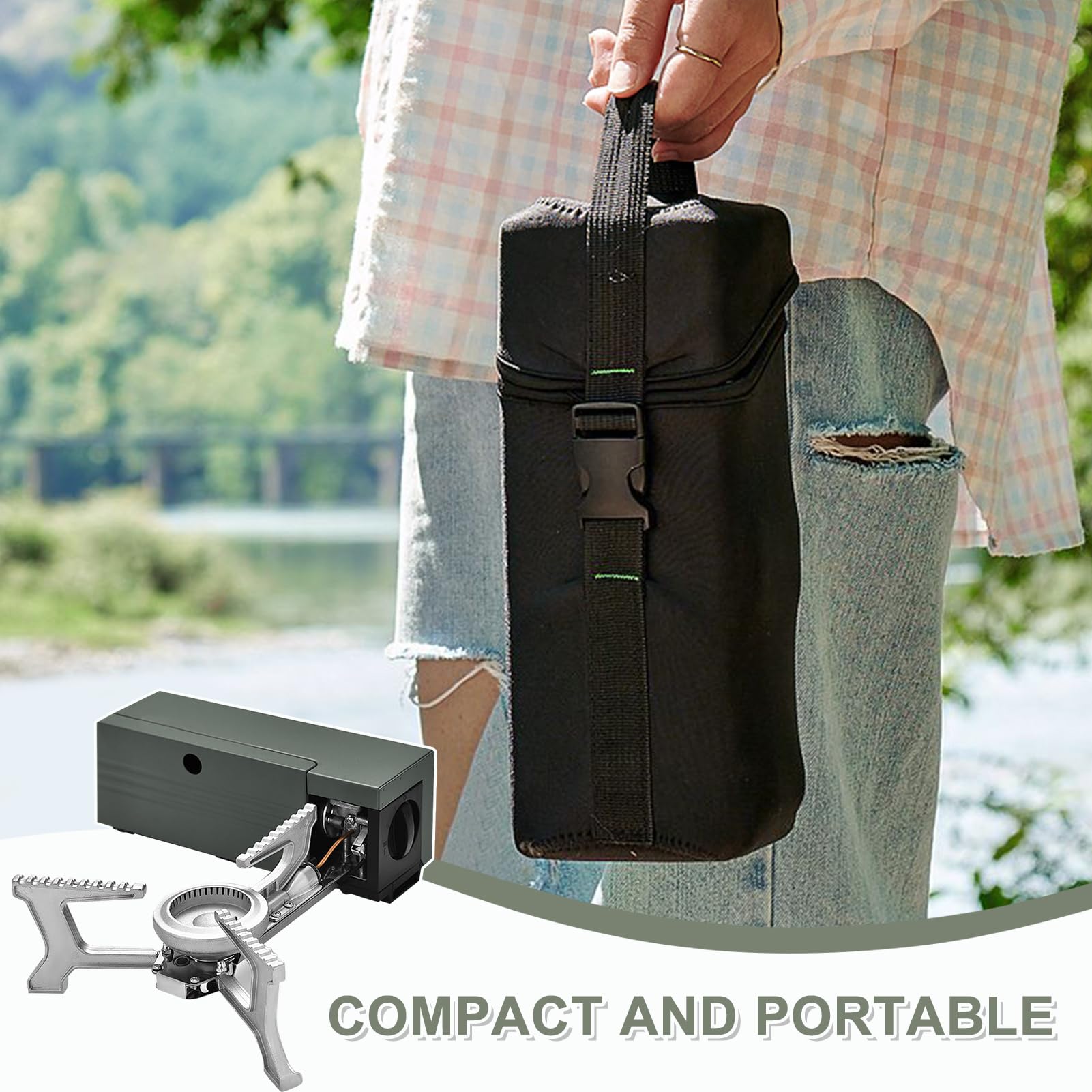 Réchaud à gaz portable - Pliable - Pour camping, randonnée et fêtes - Vert