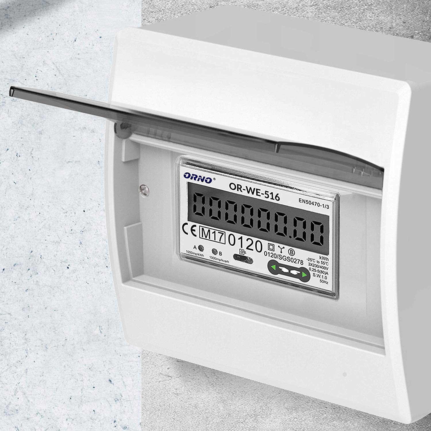 ORNO OR-WE-516 licznik prądu, szyna montażowa, 3-fazowy wskaźnik zużycia energii z certyfikatem MID, protokół komunikacyjny Modbus, 0,25 A – 80 A, 3 x 230 V/400 V, 50/60 Hz, 1000 imp/kWh