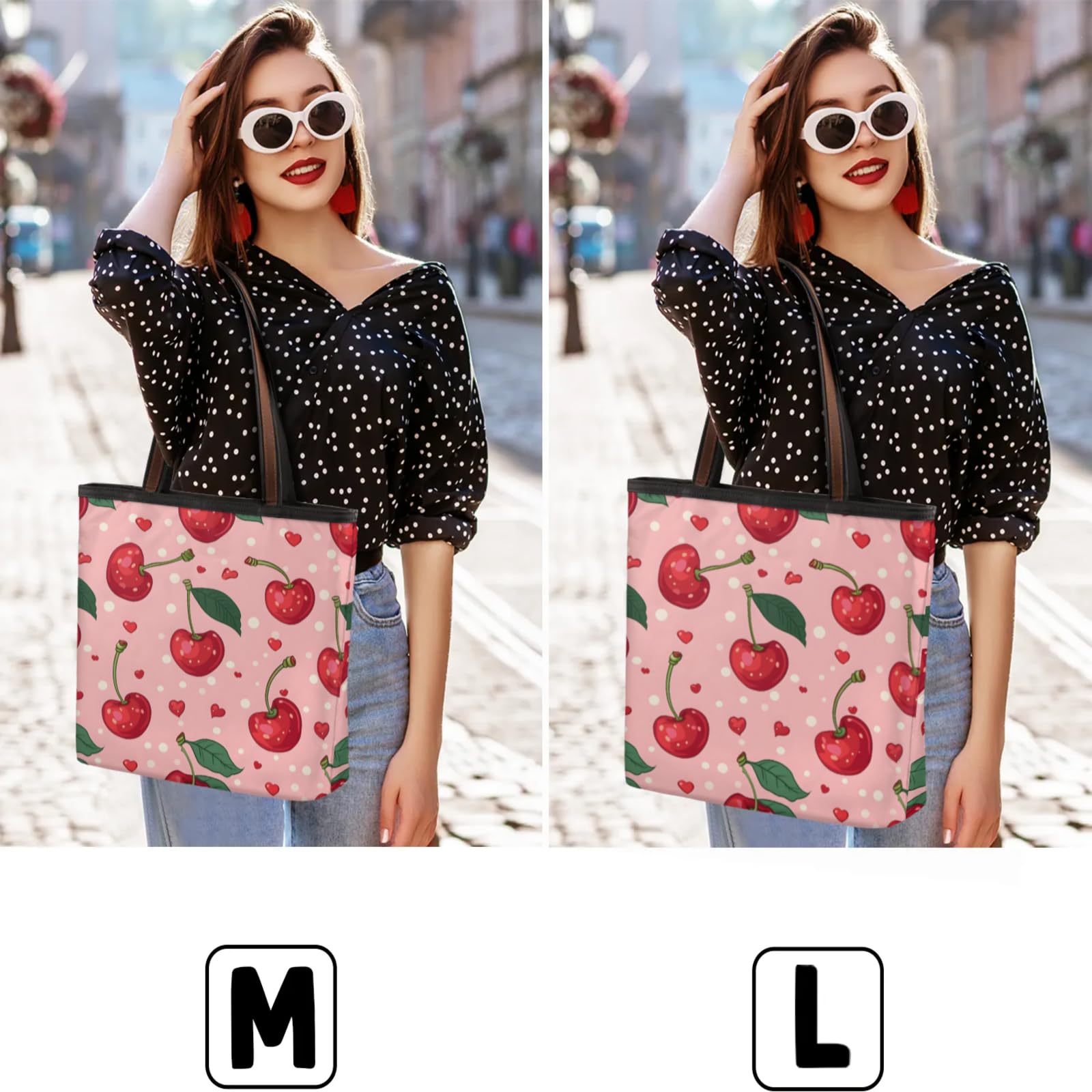 Polka Dot Heart Cherry Tote Bag Multi Pocket Zippered Beach Bag Lightweight Waterproof Handbag for Women Men Work Gym Travel Swimming Yoga Grocery Shopping M