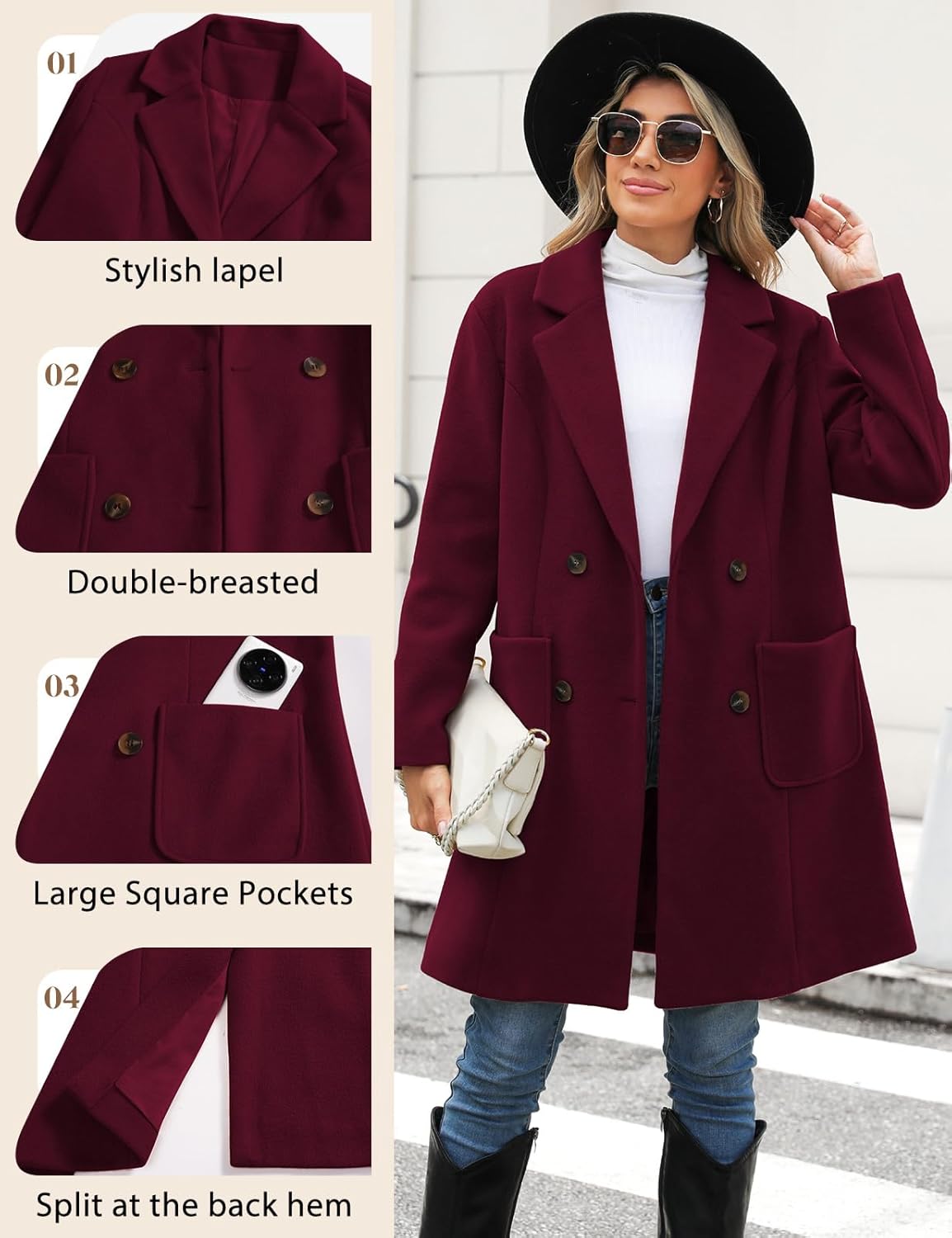 Women's Pea Coats Wool Blend Double Breasted Fall Winter Coats Notch Lapel Mid Long Trench Coat with Straight Pockets - Image 3