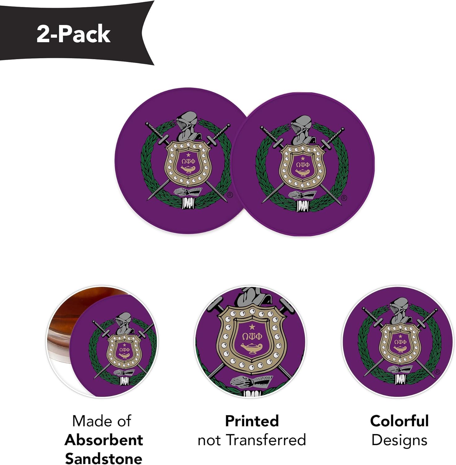 Desert Cactus Omega Psi Phi Car Accessories Absorbent Sandstone Cup Coasters Licensed Product Set of 2 (Design A) - Image 2