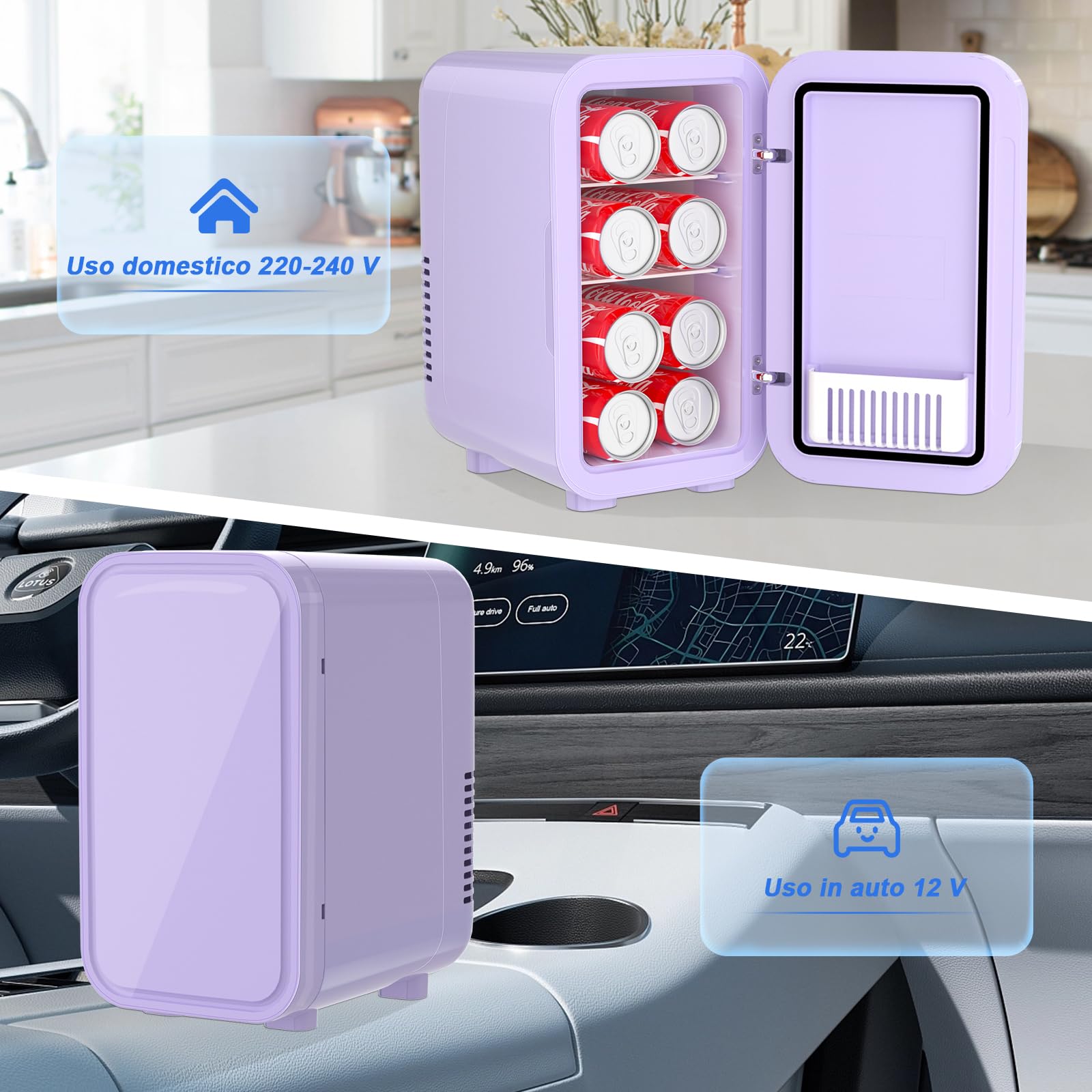 YASHE Mini frigo da 6 litri/8 lattine 220-240 V AC/DC, refrigeratore termoelettrico portatile, frigoriferi, camera da letto, cura della pelle, bevande, ufficio, dormitorio e auto, viola