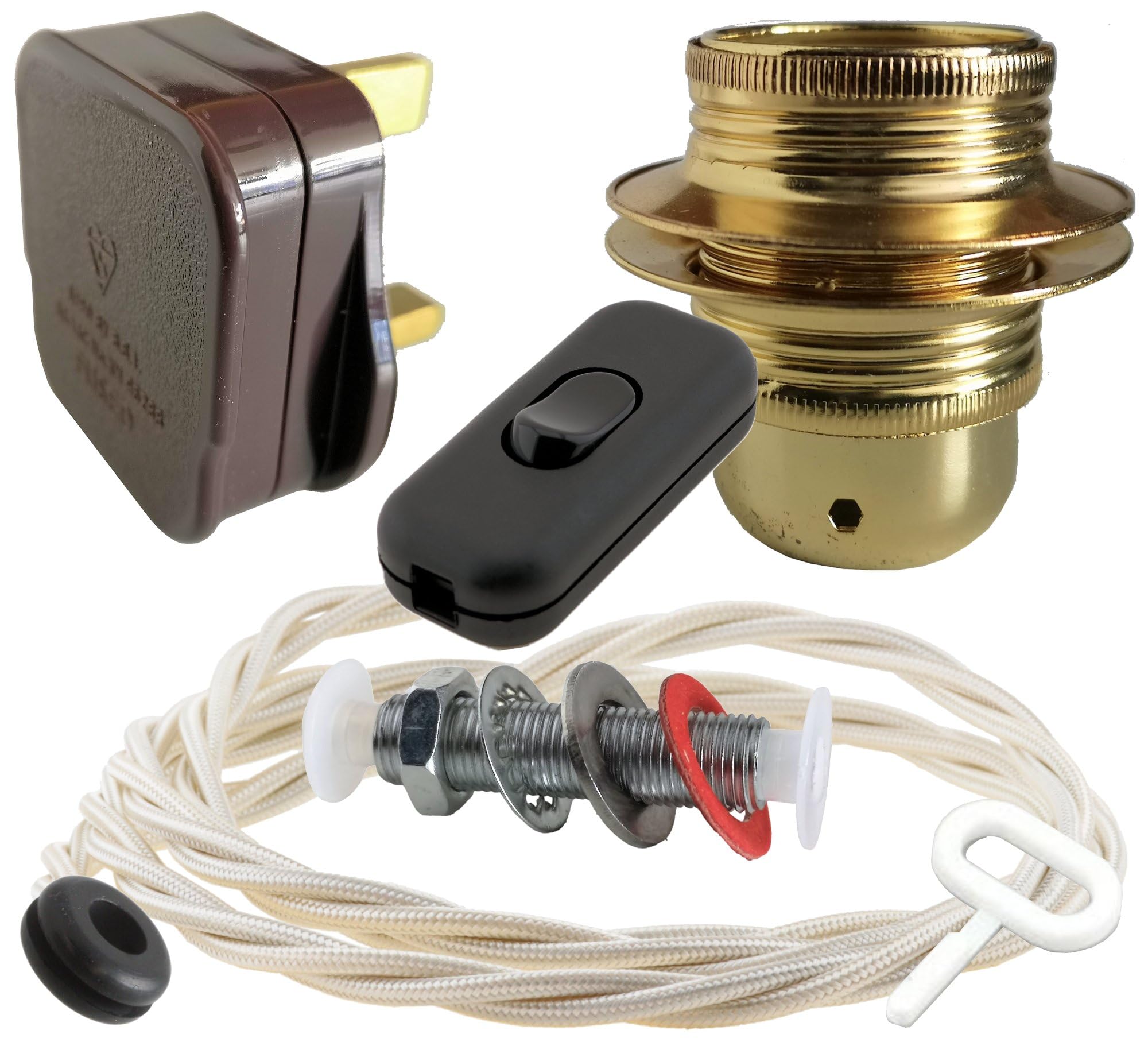 Art Deco Emporium Lamp Repair and Service Kit|Brown Plug|Ivory Flex|Black Switch|E27 Brass Finish Lamp Holder Holder