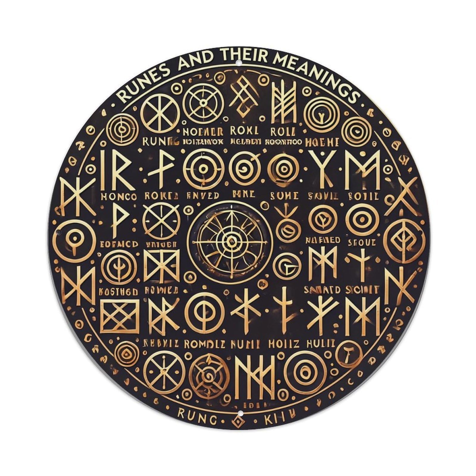 Runes And Their Meanings Circular Design Vintage Round Tin Sign Retro Metal Wall Decor Metal Poster, Home Bar Garage Cafe Wall Art Decoration 8x8Inches