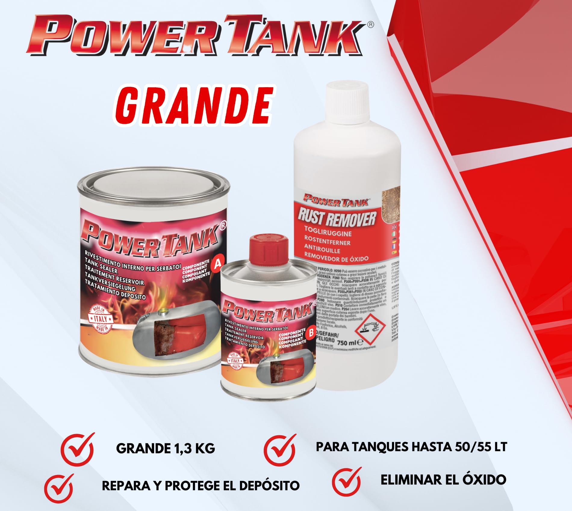 POWER TANK - Tratamiento Tanque Deposito Auto (50/55 Litros) Kit Grande Rojo 1,3 kg para Interior Tanques de Gasoil y Gasolina Elimina Óxido Repara Protege Tanques Oxidados de Autos, Motos de Época.