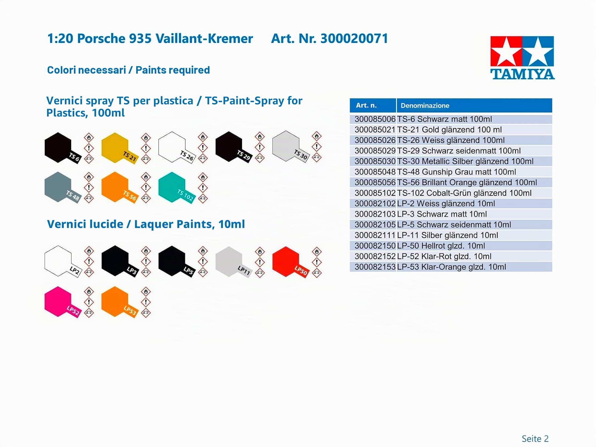 TAMIYA 20071 1:20 Porsche 935 Vaillant-Kremer - Modellismo, kit di costruzione in plastica, fai da te, hobby, incollaggio, kit in plastica, non verniciato