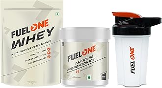 FUELONE Whey Protein (Rich Chocolate, 1kg / 2.2lbs) | 24g Protein & Creatine Monohydrate (100g, Unflavoured) with Sports Shaker (White & Black, 500ml)