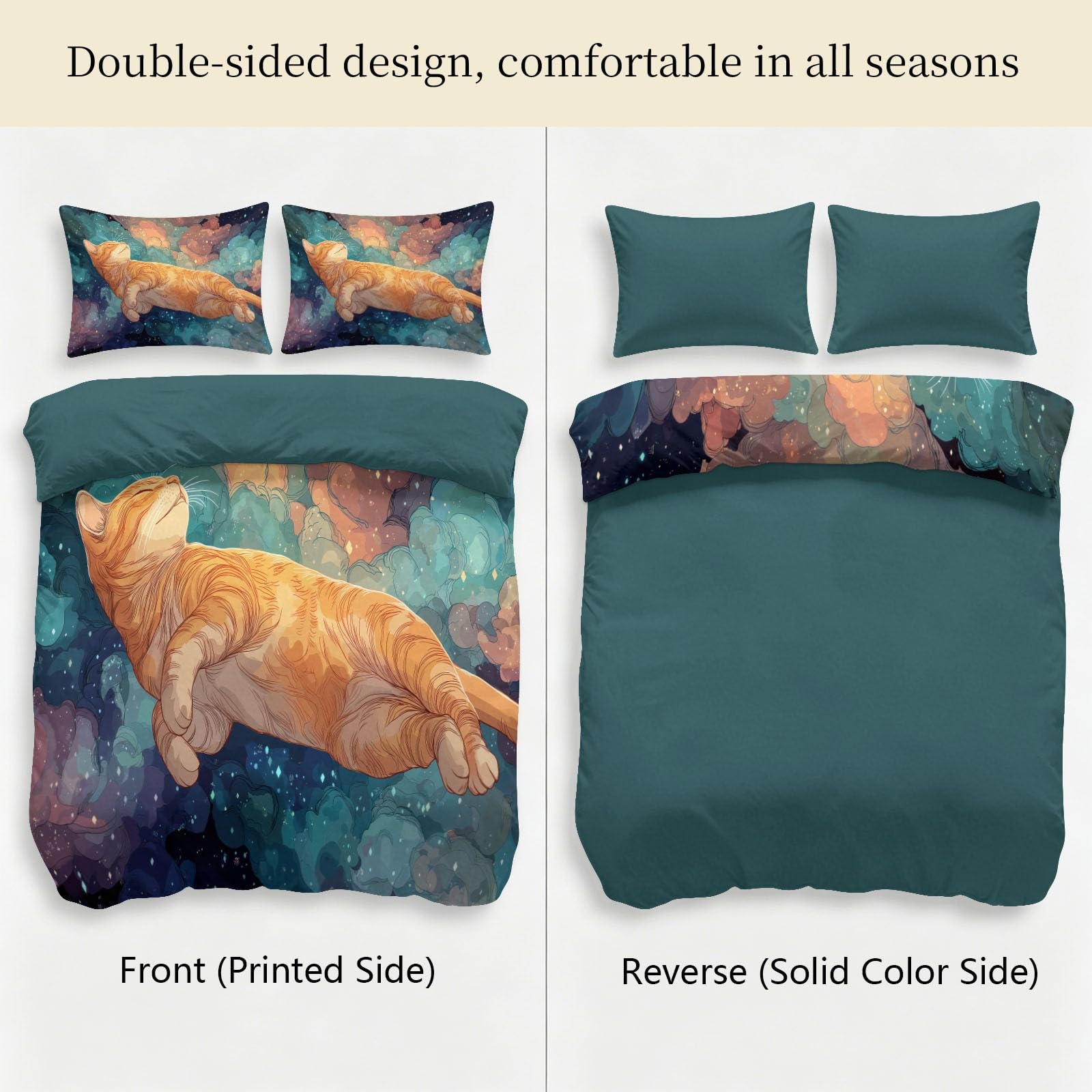 Cosmic Dreamy Starry - Juego de funda de edredón y funda de almohada, diseño de gato atigrado nube, microfibra suave, 230 x 220 cm, reversible, hipoalergénica, para niños y niñas, fácil cuidado, sin
