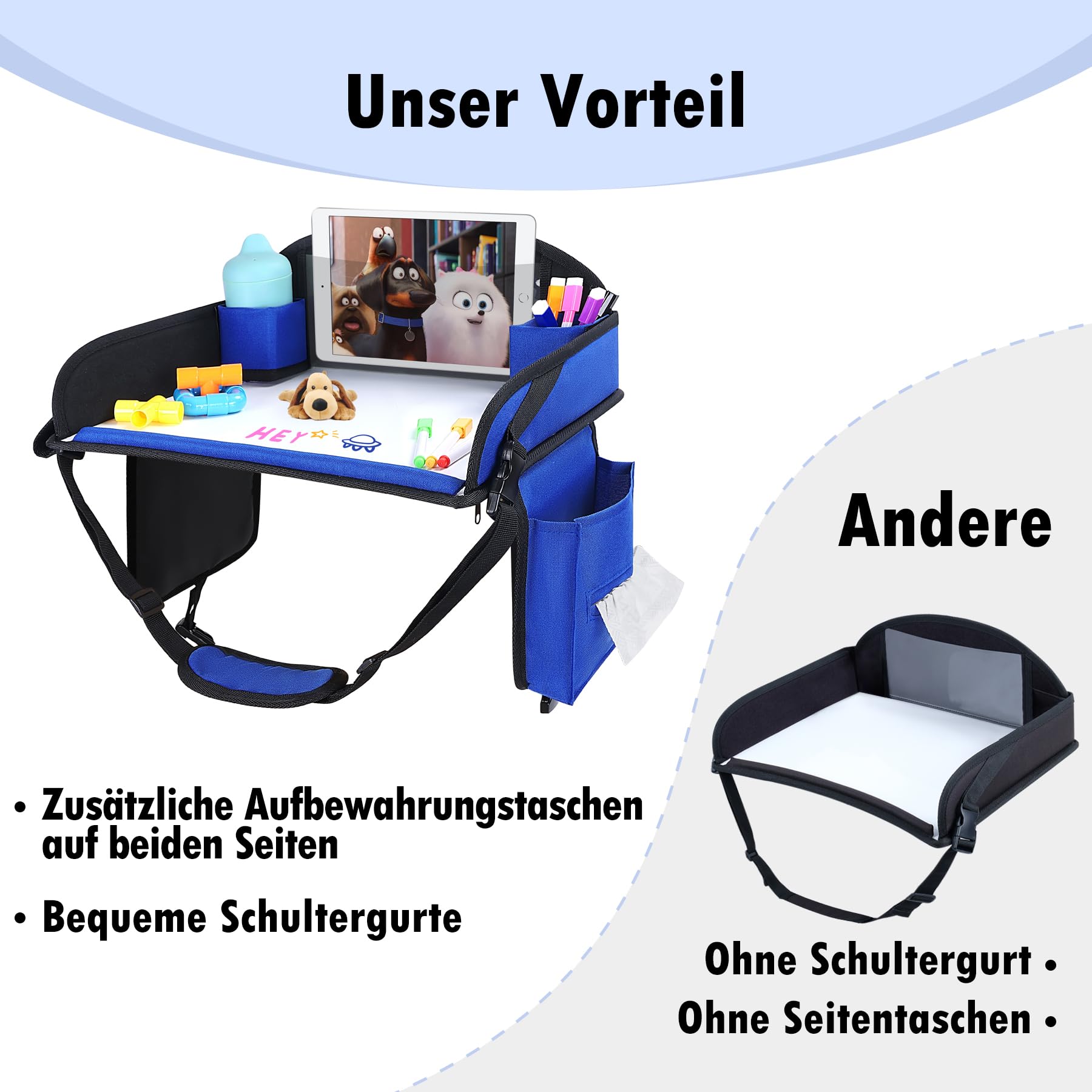 INFANZIA Table de voyage pour enfant - Plateau à genoux - Siège arrière avec crayons de couleur pour avion, train, voyage - Organiseur pliable