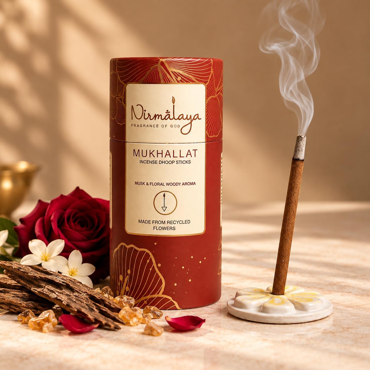 Nirmalaya 100% Natural Mukhallat Dhoop Sticks for Pooja 40 Sticks| Bamboo Less Dhoop Sticks for Home/Office | Dhup for Puja with Holder Stand | Best for Long-Lasting fragrances