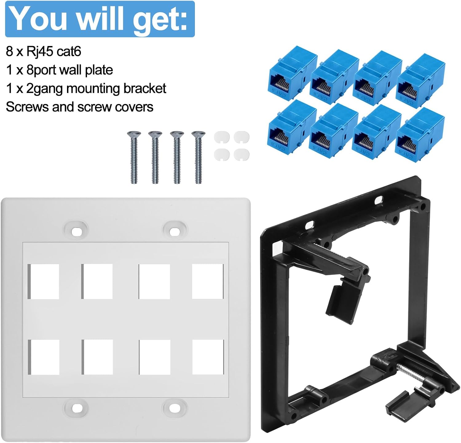 8 Port Ethernet Wall Outlet Plate Cat6 Jack RJ45 Keystone Network Cables Inline Coupler Wires Connector Date Box Cover with 2Gang Low Voltage Mount