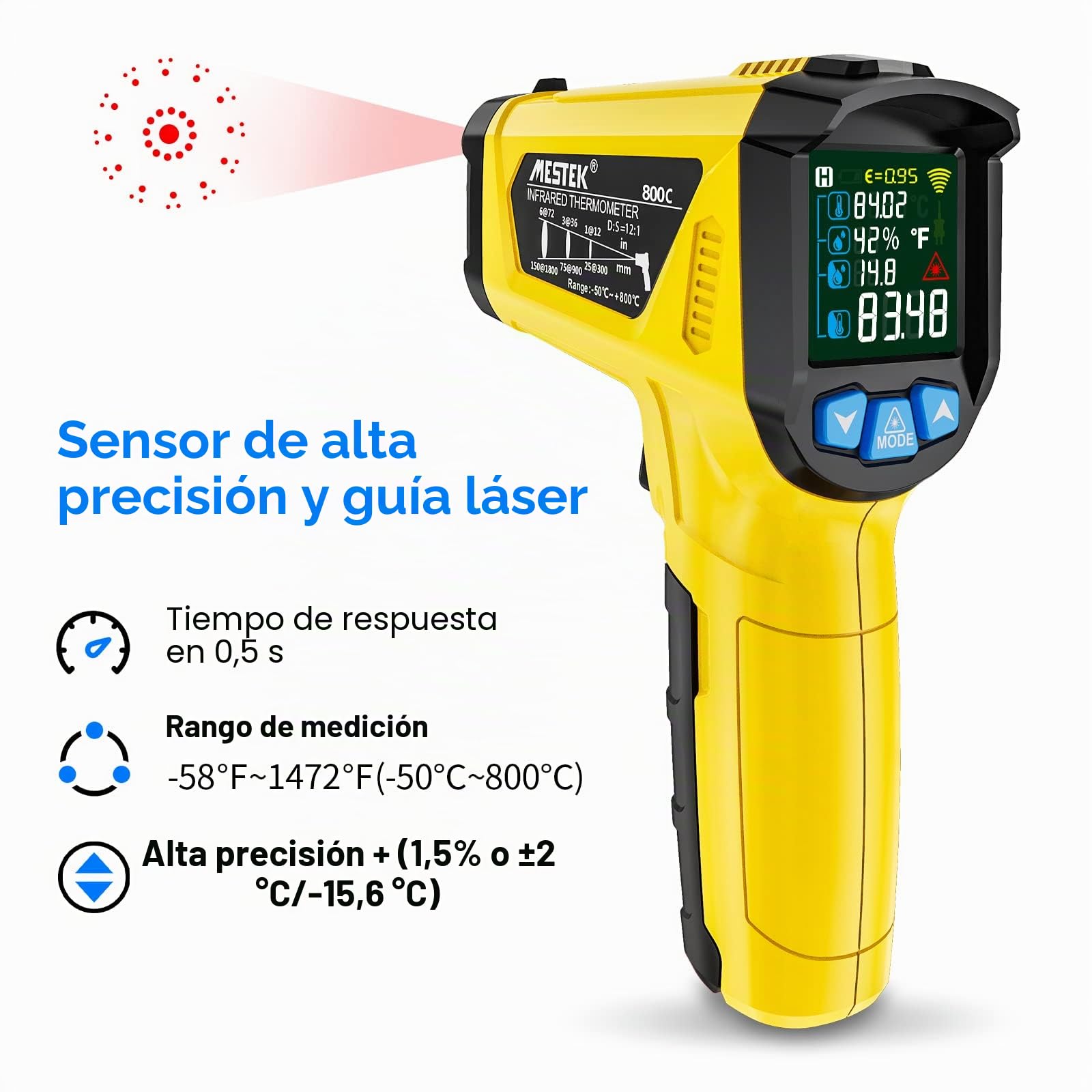 Termómetro Infrarrojo MESTEK -50°C~800°C Pistola Temperatura Laser Sin Contacto Pantalla LCD Color Ajuste Emisividad