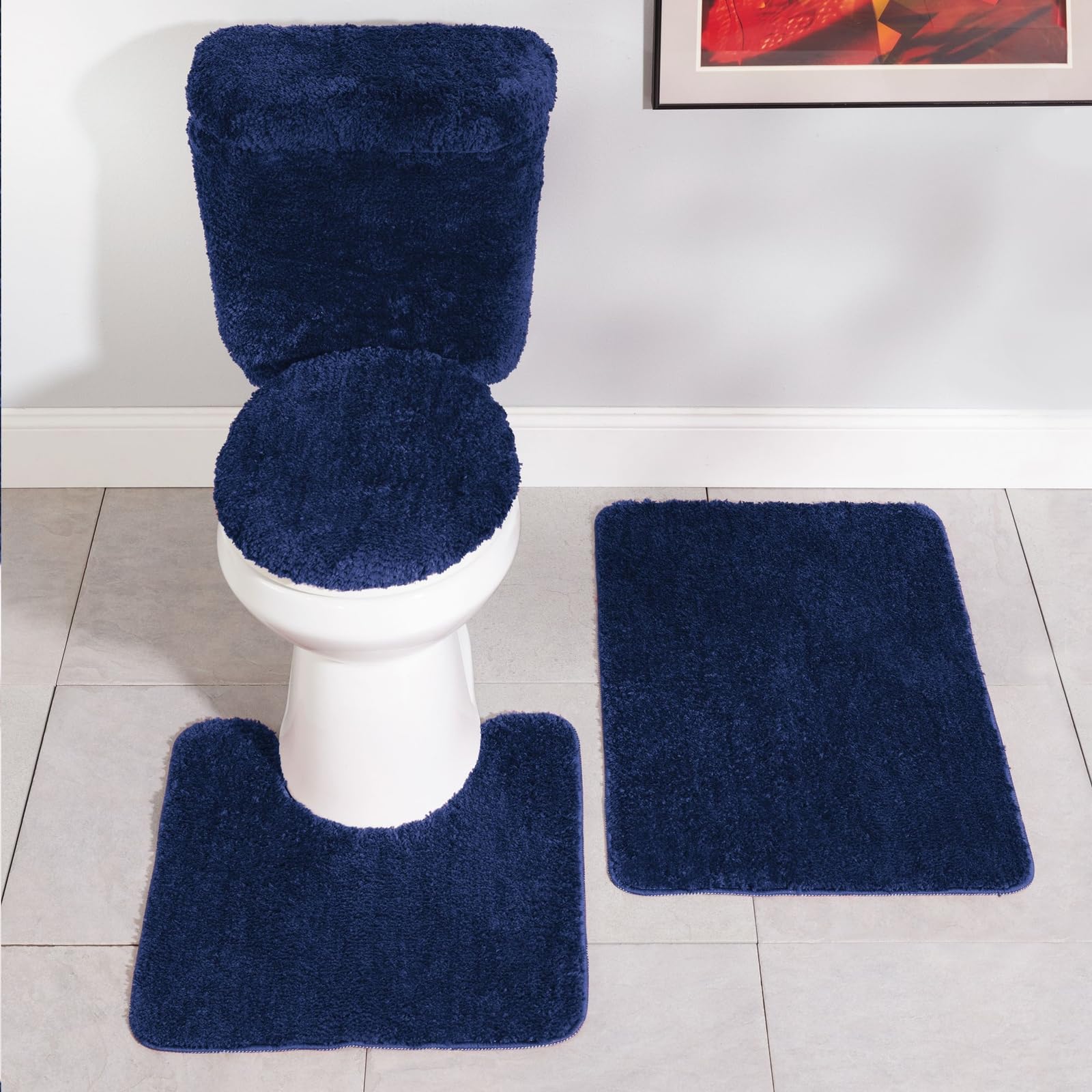 Stoneberry Home Plush 5-Piece Bath Rug Set, Soft, Non-Slip Bathroom Rugs, Absorbent and Quick-Drying Bath Mat, Lid Cover, & Tank Covers, Dark Sea