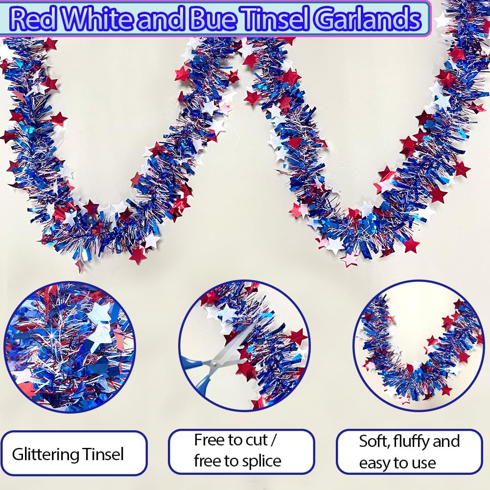 4th of July Red White Blue Star Tinsel Garland - 33 Ft Memorial Day Patriotic Decoration Independence Day Metallic Tree Garland Glitter Tinsel Hanging Twist for Veterans Day Decor