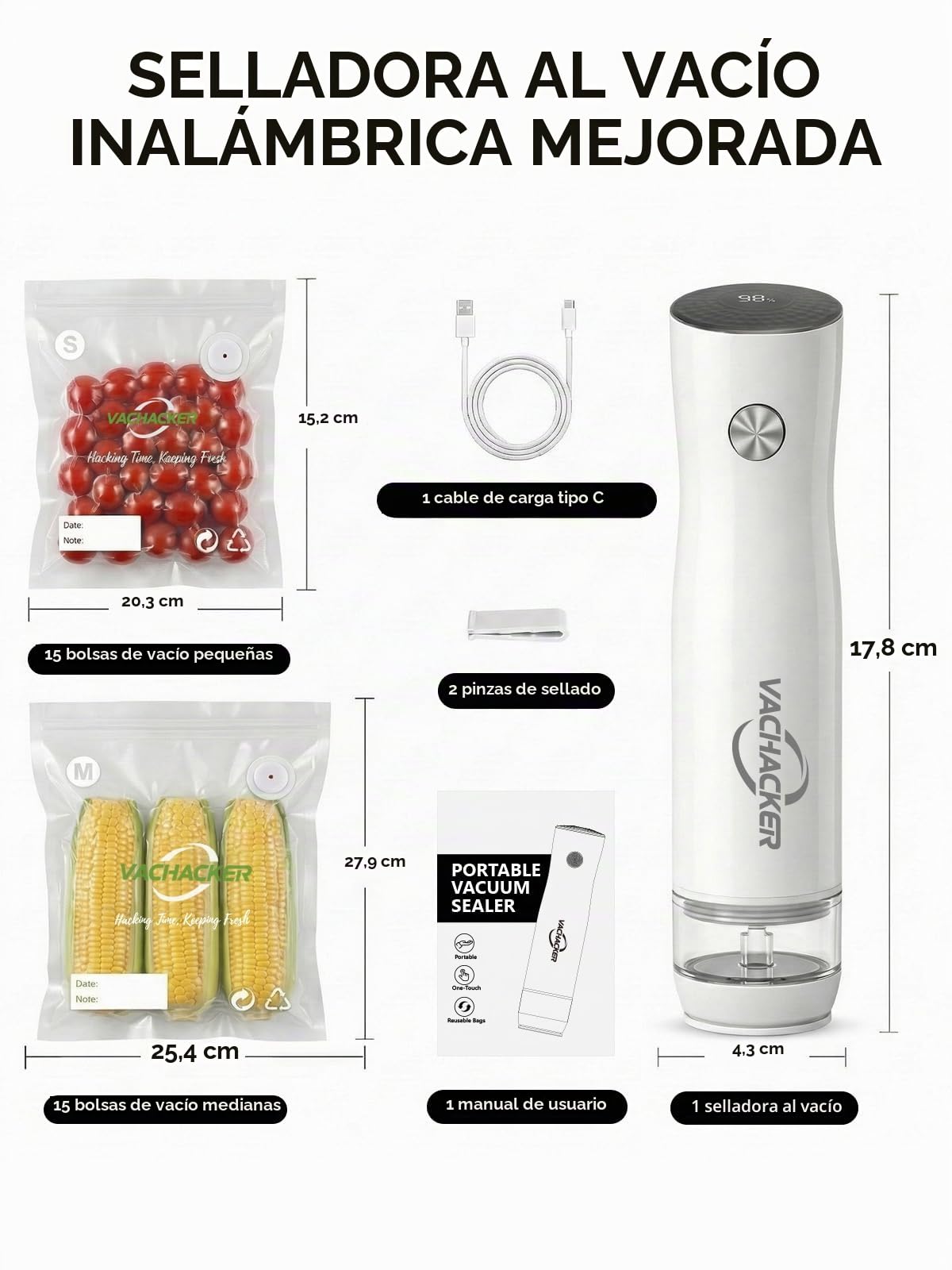 Envasadora al Vacío, Vachacker Maquina Vacio Alimentos Portátil | Envasadora al Vacío domestica con Tanque Visible para Uso Doméstico y Comercial, Potente de -60kPa, Incluyendo 30 Bolsas