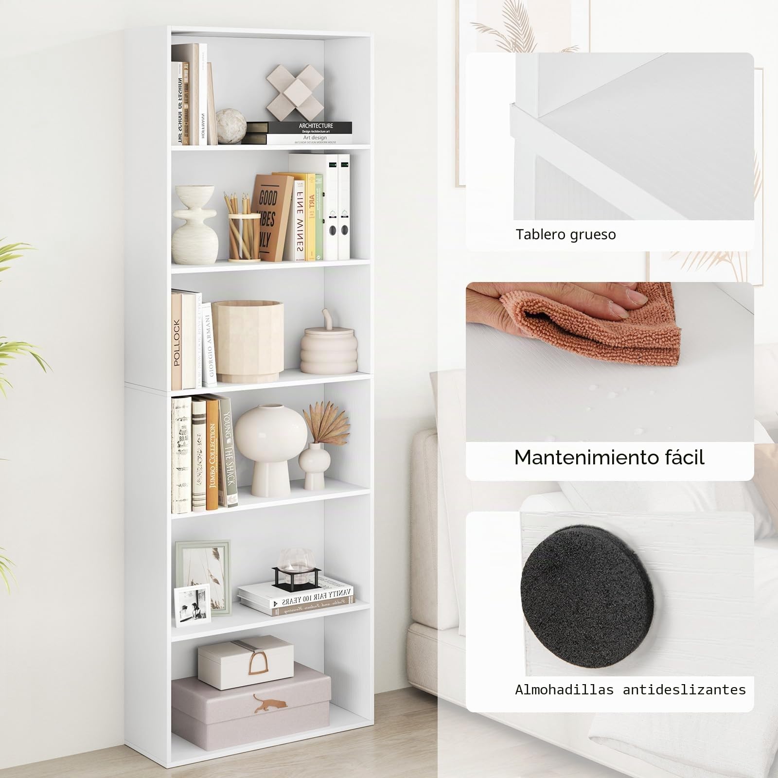 KOMFOTTEU Librería Abierta de 6 Niveles, Estantería para Libros con 2 Kits Antivuelco, Mueble de Almacenamiento de Madera, Armario para Sala de Estar, Oficina, Estudio, 60 x 24 x 178 cm (Blanco)
