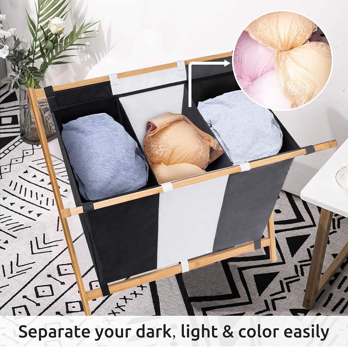 YOUDENOVA 143L Large Laundry Sorter 3 Section, Waterproof Laundry Hamper Basket with 3 Compartments, Triple Divided laundry Organizer with Sturdy Bamboo Frame for Dirty Clothes in Home