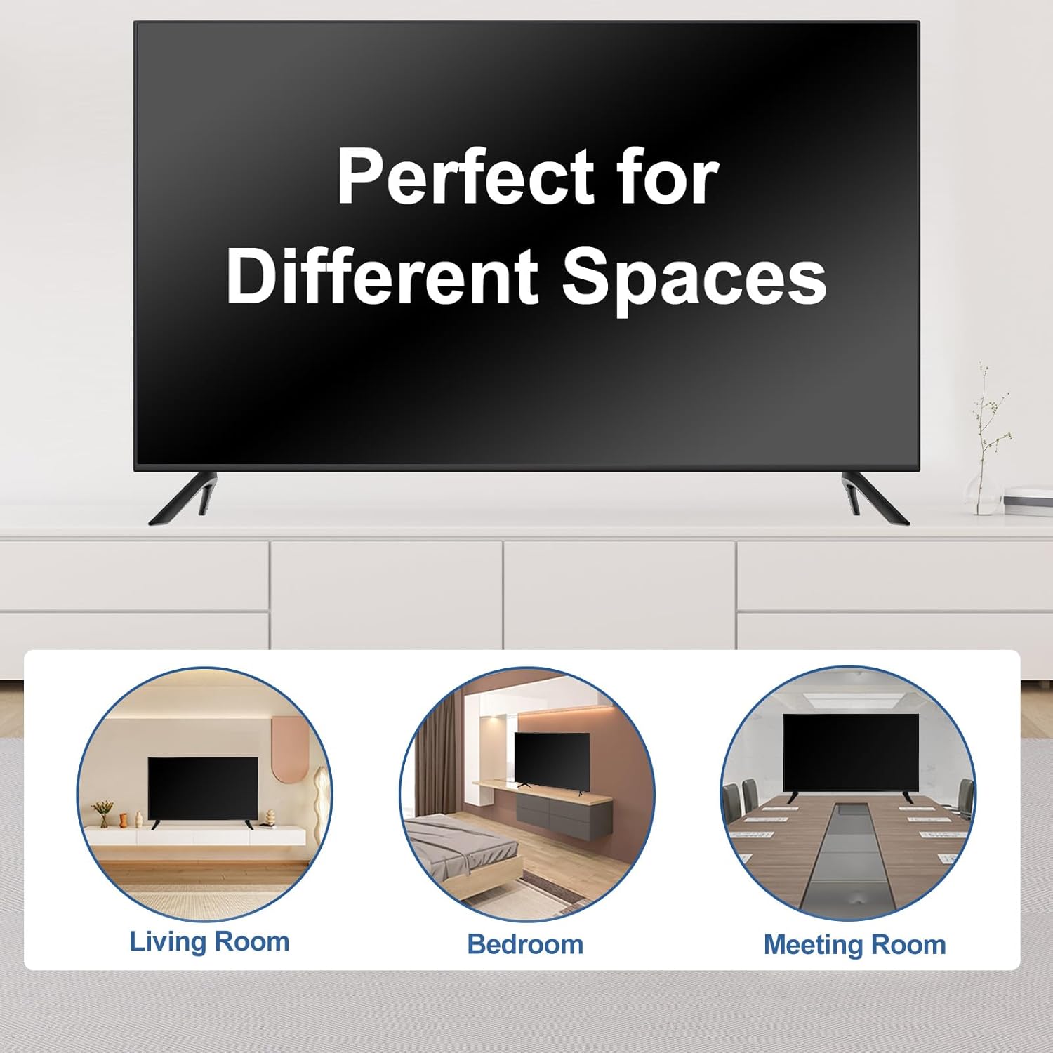 Images depicting a TV with the stand legs in different room settings: living room, bedroom, and meeting room.