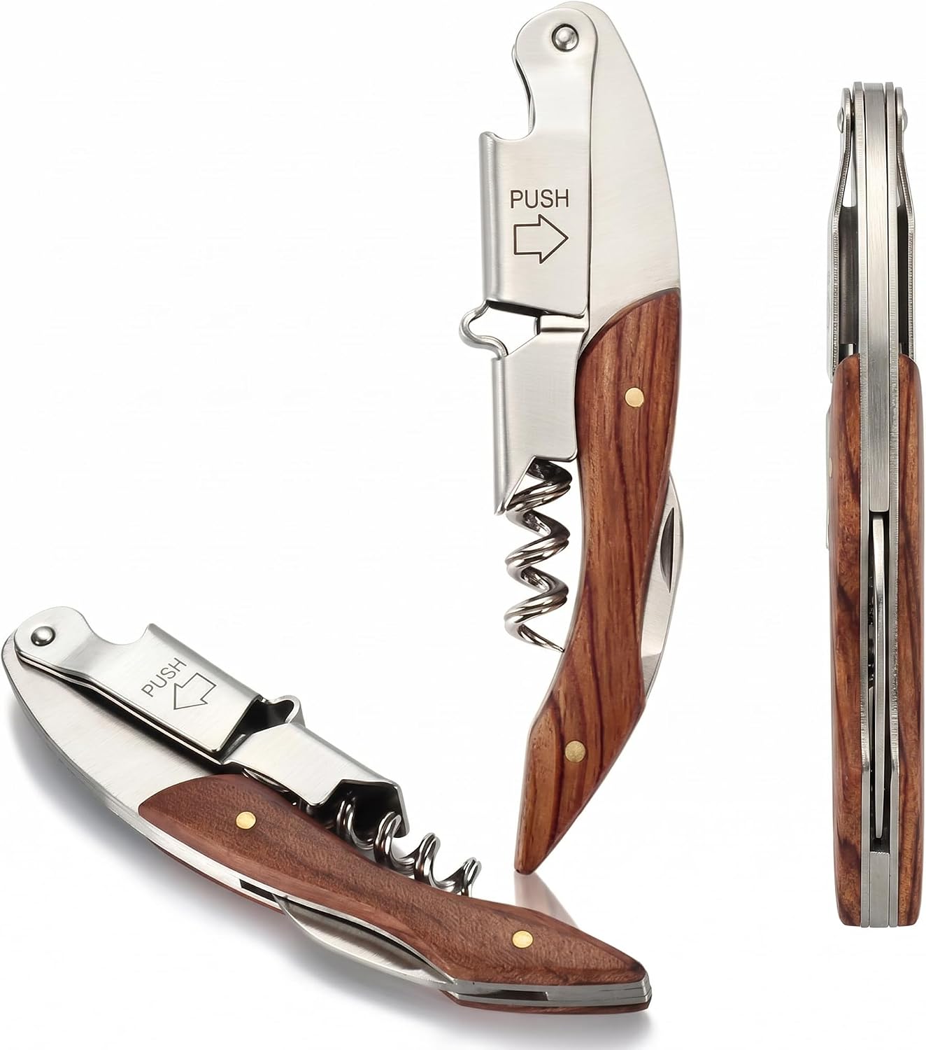 2 Pack Wooden Handle Waiter Corkscrew, Multifunctional Manual Wine Key, Double Hinged Wine Bottle Opener with Foil Cutter & Beer Opener, Portable Professional Bar Key for Home Kitchen Bar Restaurant