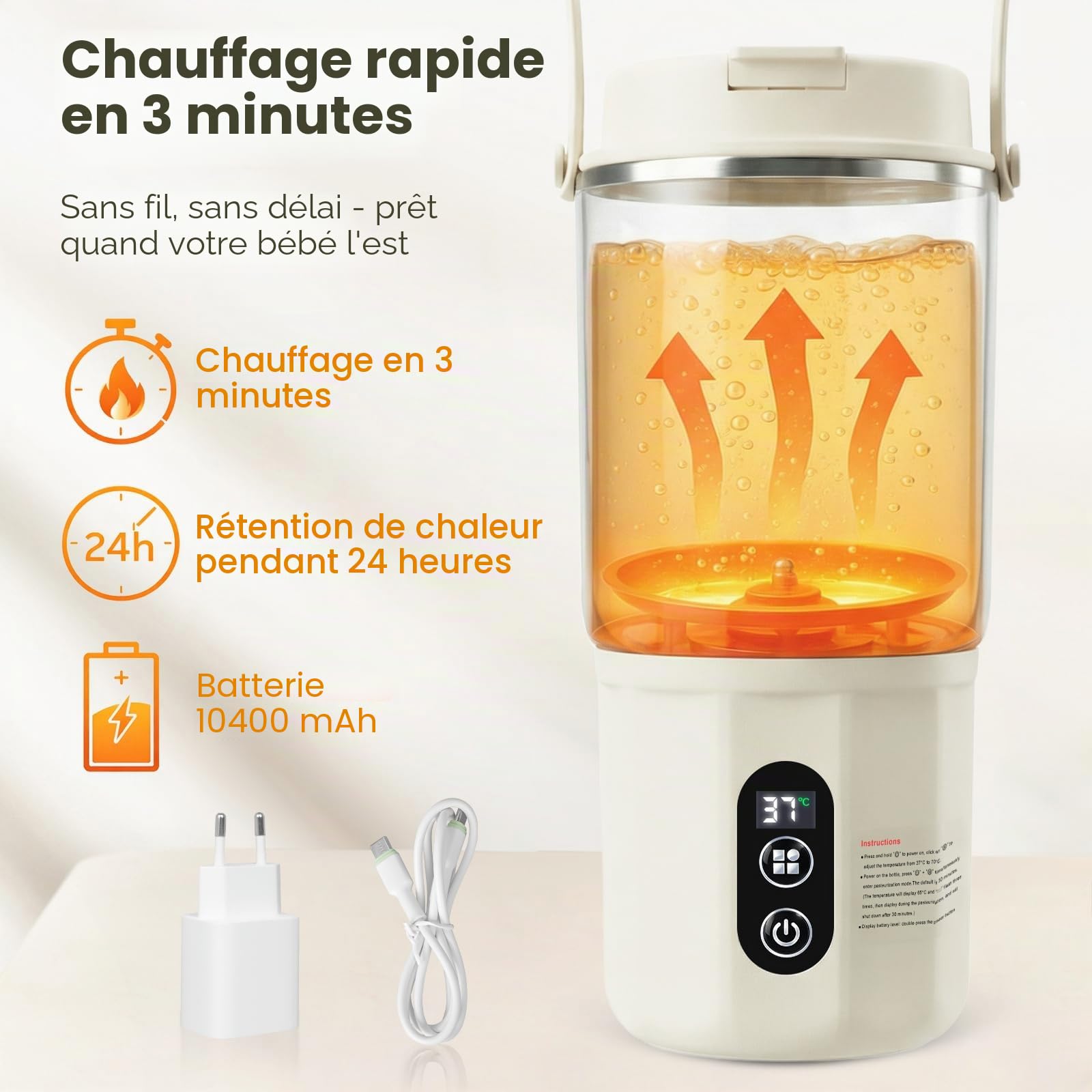Chauffe Biberon - chauffe biberon nomade 2-en-1 : chauffage rapide du lait maternel et de l'eau, pasteurisation, température constante 24 heures sur 24 pour toute la journée (Beige)