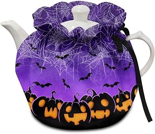 Halloween Pumpkin Bats Spider Web Show Window Teapot Cozies, Heat Preservation Teapot Dust Cover with Drawstring Creative Kitchen Tea Pot Cover, Home Kitchen Table Hotel