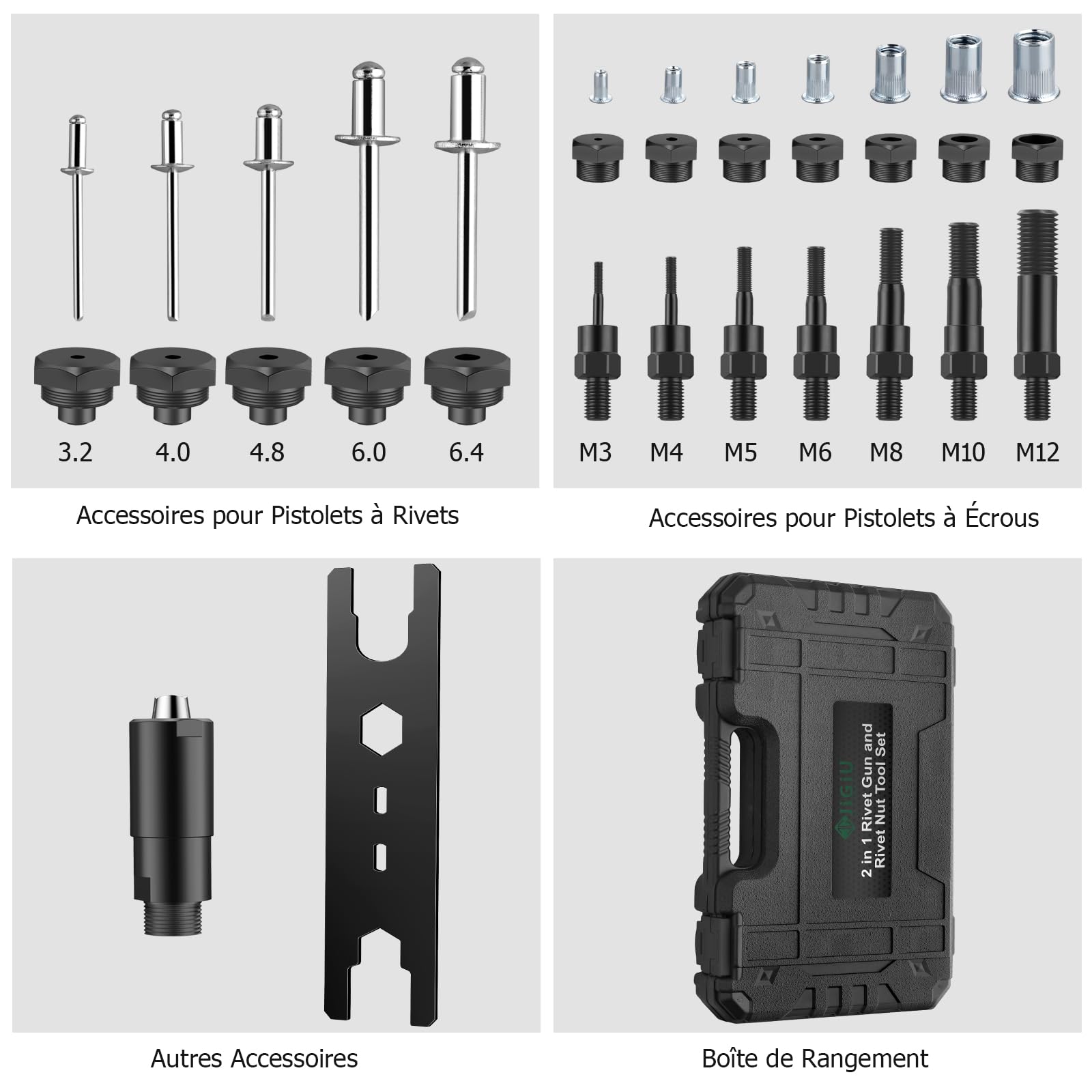 JiGiU 2 EN 1 Riveteuse Manuelle et Pince à Insert Fileté Professionnel Bleu | Pistolet à Écrou avec 110 Écrous, 7 Mandrins M3 à M12, Pince à Rivets avec 50 Rivets, 5 Embouts 2.4 à 6.4mm, pour Bricolage