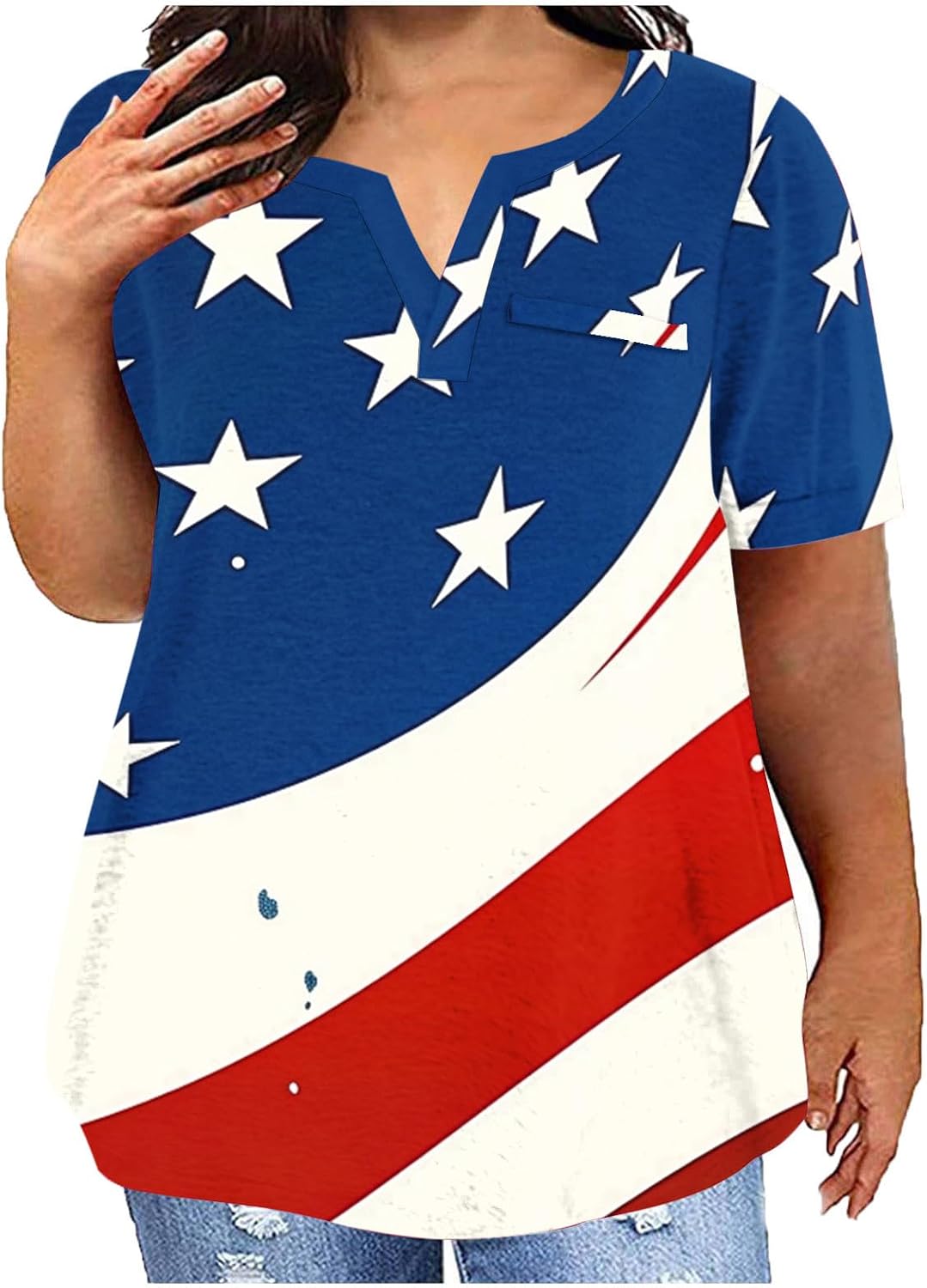 Plus Size Shirts for Women Fourth of July T Shirts Oversized Loose Tunic Tops Splicing Star Graphic Blouses Tees