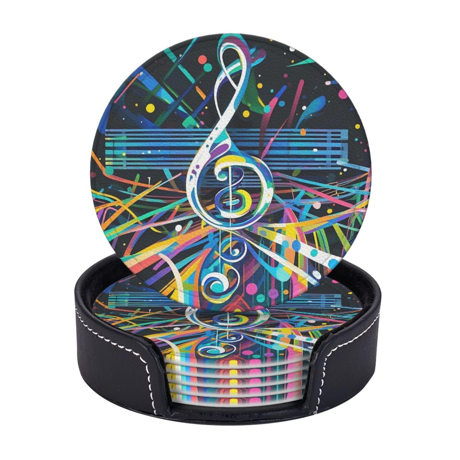 Xopekvlawm Women's Abstract Music Themed Drink Coasters 6Pcs Round Leather Coaster With Holder Coasters For Drinks Coffee Cup Mat Heat Resistant Coaster For Tabletop Protection Desk Accessories Office Home Decor