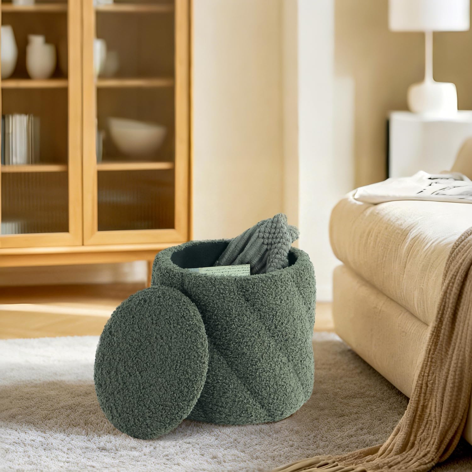 Get Set Style Round Ottoman with Soft Padded Seat, Storage Vanity Stool for Makeup, Upholstered Footrest Stool Ottoman Foot Stool for Living Room, Bedroom