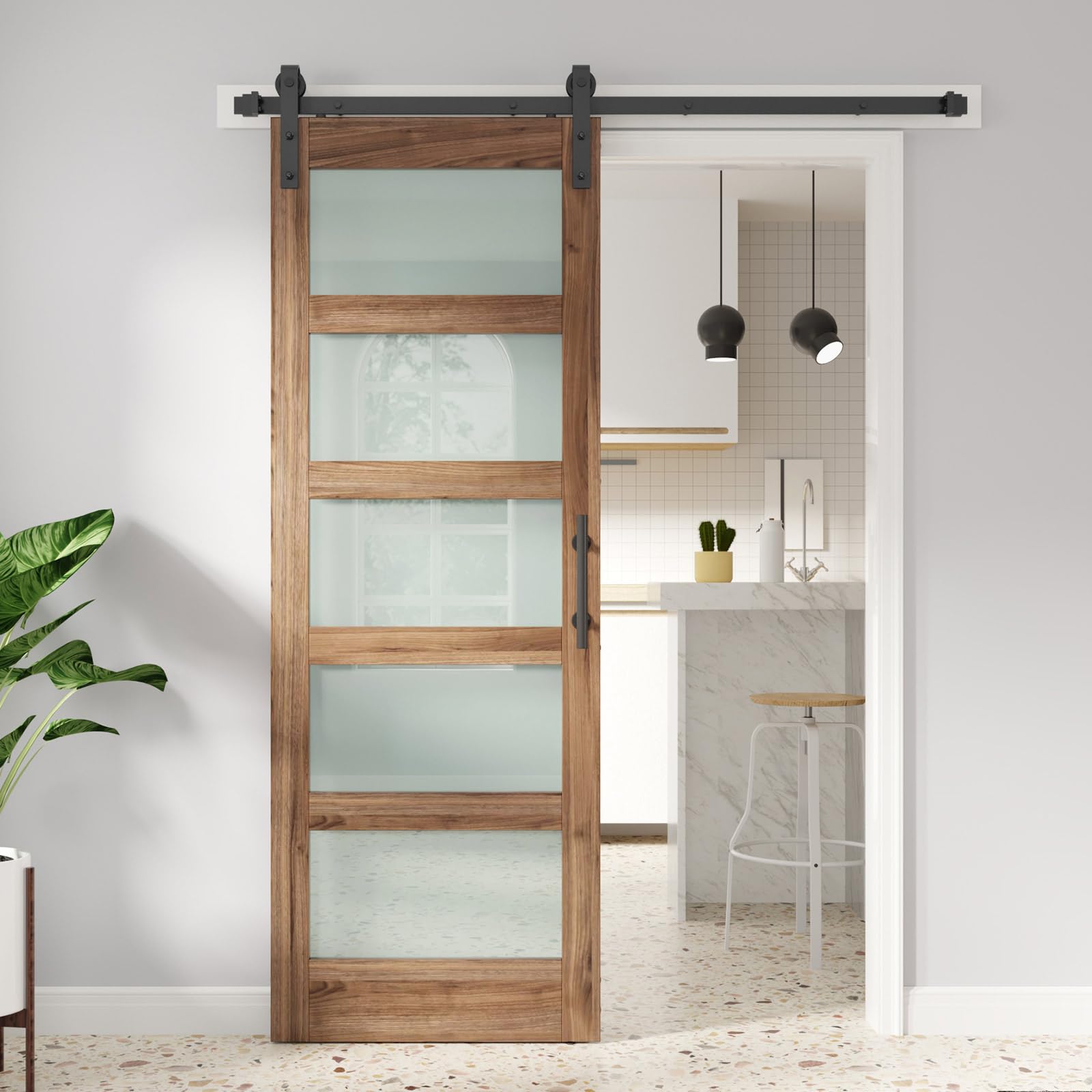 FREDBECK 32in x 80in Glass Barn Door with 5.5FT Sliding Doors Hardware Kit with Handle Included,5-Panel Frosted Glass Wood Panel,Water-Proof Surface,Need Assembly