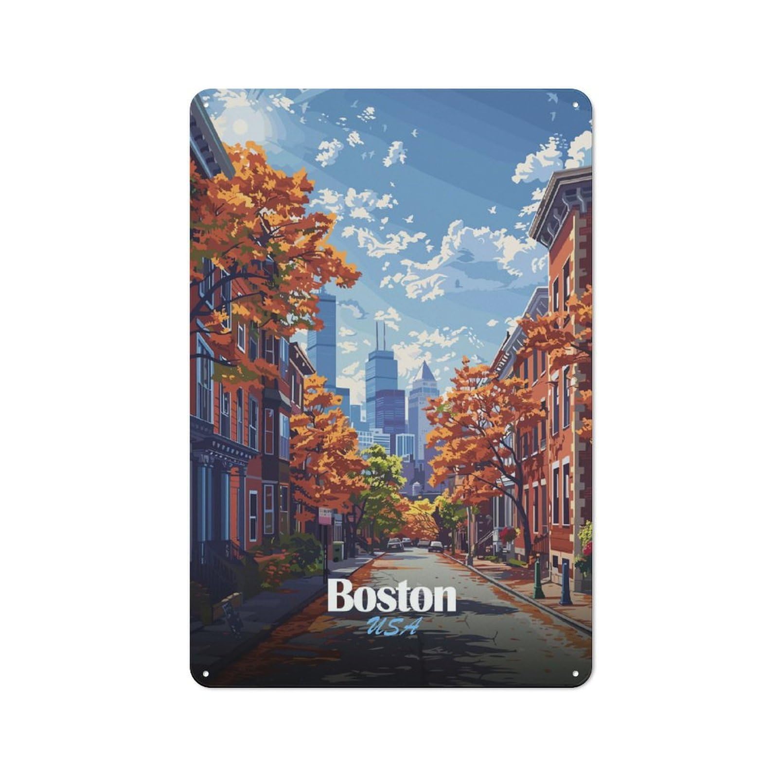 Modern Retro Metal Wall Art Sign 30x20cm Featuring Boston USA Autumn Street Scene, Urban Room Decor for Flat, Bar, Studio Or Gallery Wall