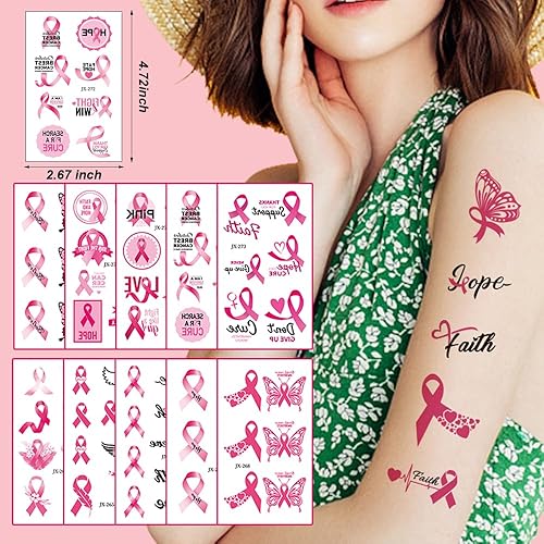 Miniatura 4 de Tatuajes temporales de concientización sobre el cáncer de mama, pegatinas de tatuajes de cinta rosa, pegatinas de cáncer de mama, cinta impermeable,