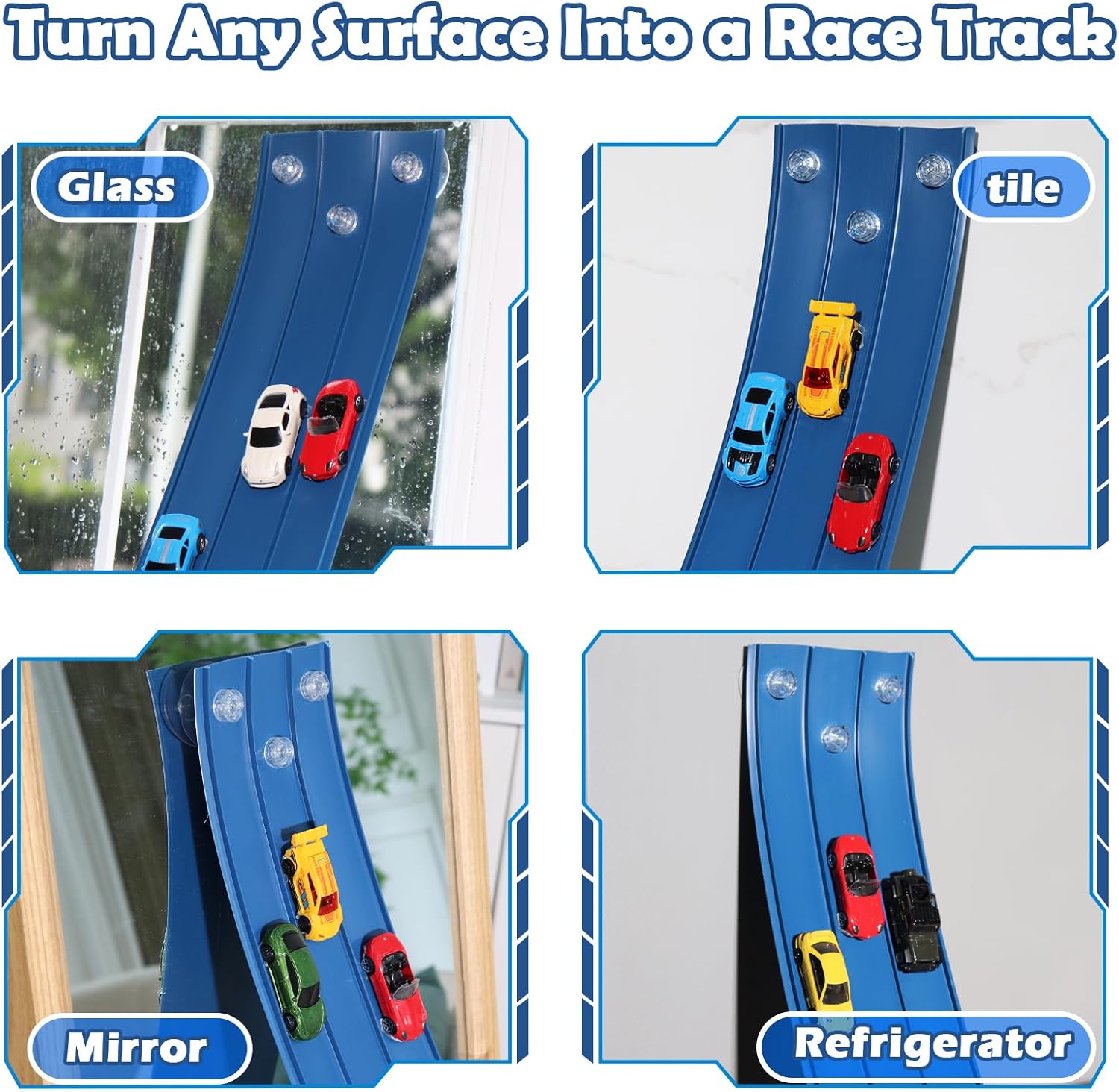 3-Lane Flexible Race Track for Kids 15ft Race Car Track Compatible with Diecast 1/64 Scale Cars, Flexible Car Track Race Ramp Toy with Strong Suction Cups