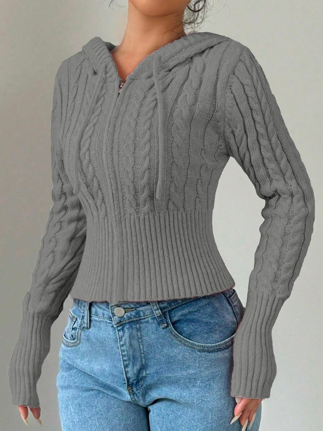 SOLY HUX Women's Crop Cardigan Sweater Cable Knit Zip Up Hoodies Long Sleeve Fall Jacket Y2k Outerwear - Image 5