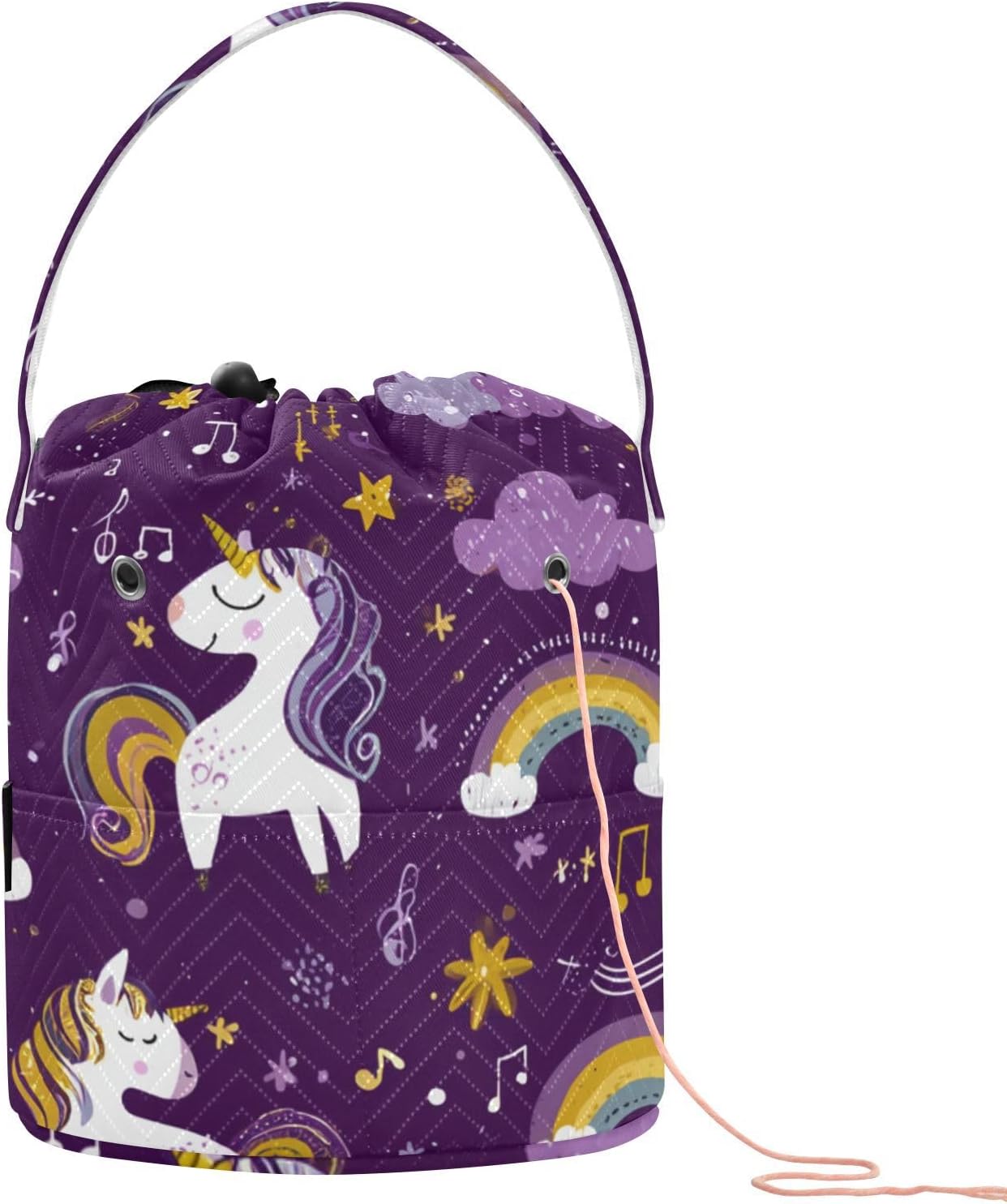 Tatenale Crochet Bag Yarn Bag Knitting Project Bag with Pockets and Handle Portable Yarn Storage Organizer Tangle Free 8.3x11 Inch Dark Purple Unicorn Moon Cloud Rainbow