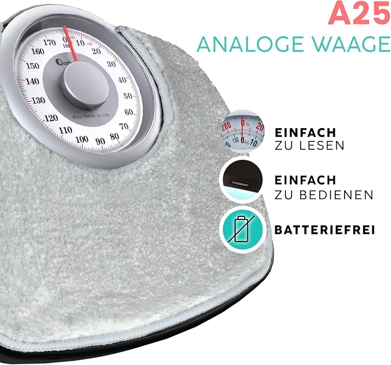 Adamson A25 Analógos Személymérleg - 180 kg Teherbírás, Csúszásgátló Gumis Felület, Extra Nagy Számok, Elem Nélküli Működés, Hálószobába, Fü