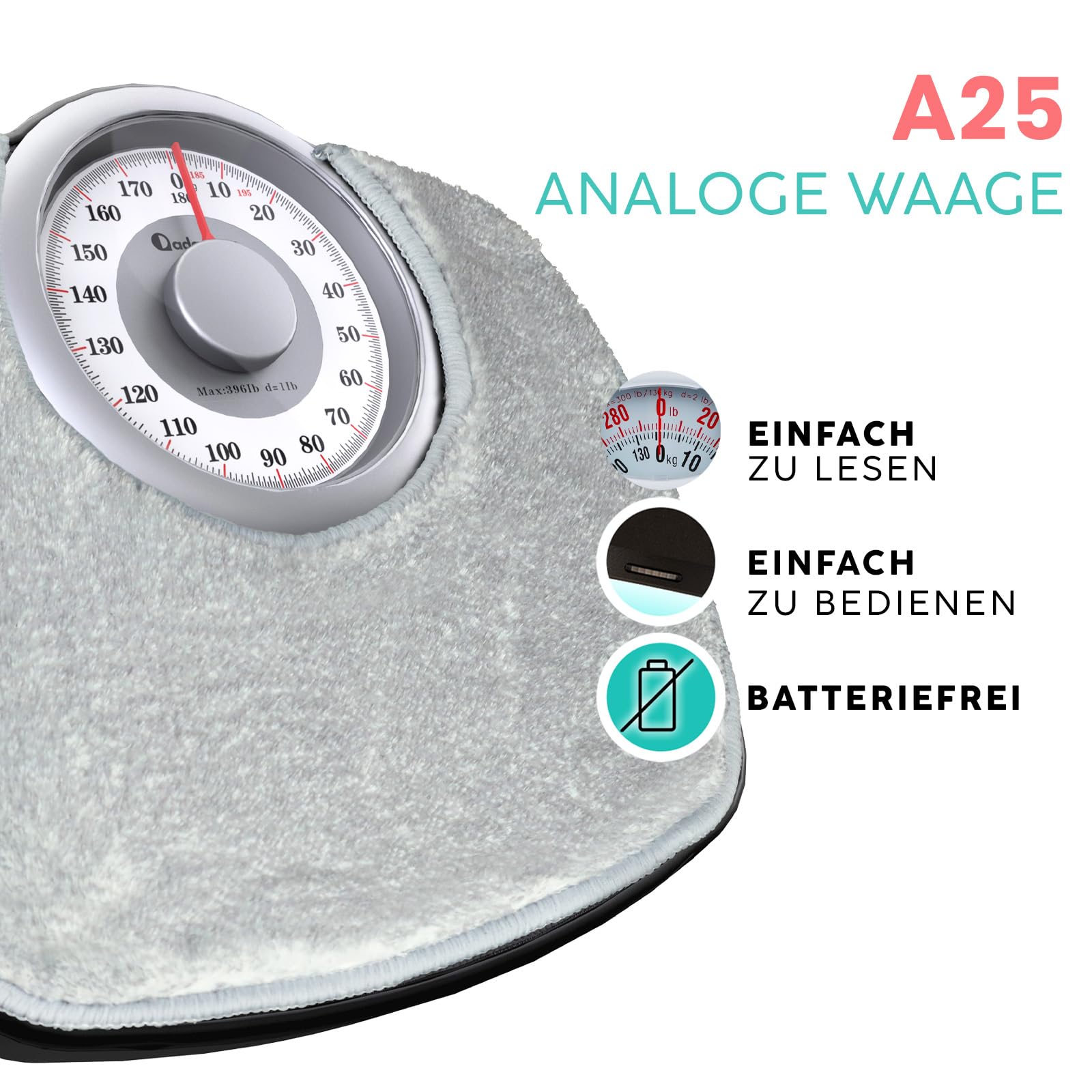 Adamson A25 Analogwaage - NEU - bis 180kg, rutschfeste Gummioberfläche, extra große Ziffern, hochpräzise Personenwaage Analog, langlebig, 20-Jahre Support für Haushalt, Schlafzimmer, Bad - Grey Rug